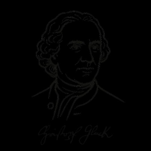 Drawn portrait of Christoph Willibald Gluck with signature