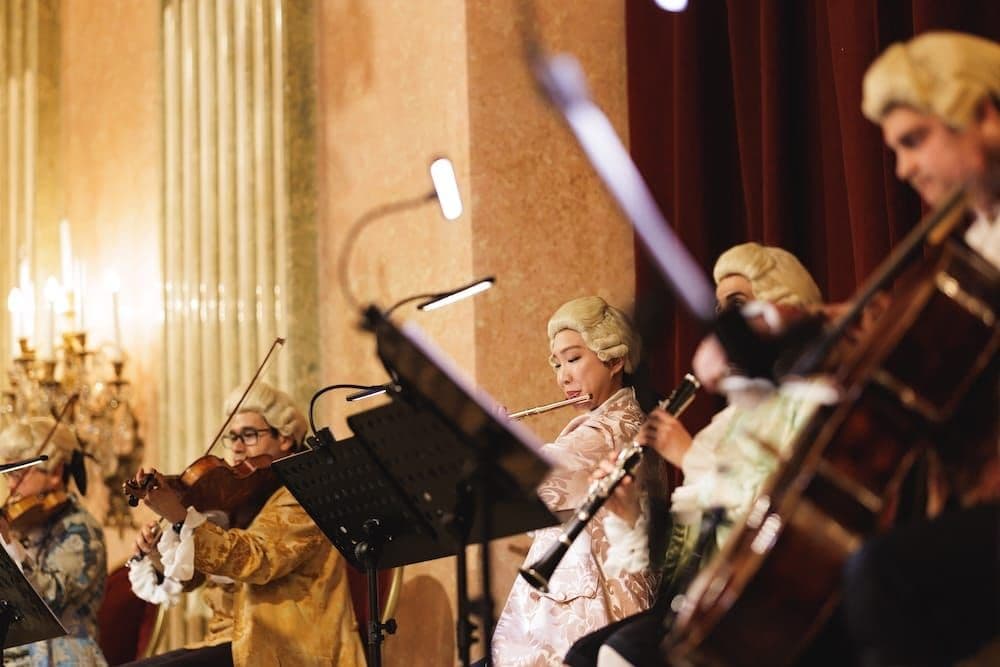 Clarinettist and string players in period costume during the concert