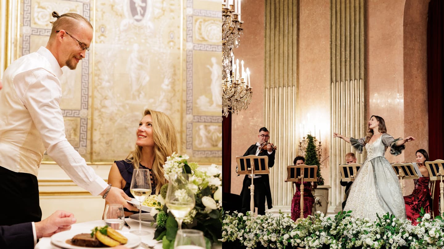 Collage: dinner being served and a soprano with the orchestra