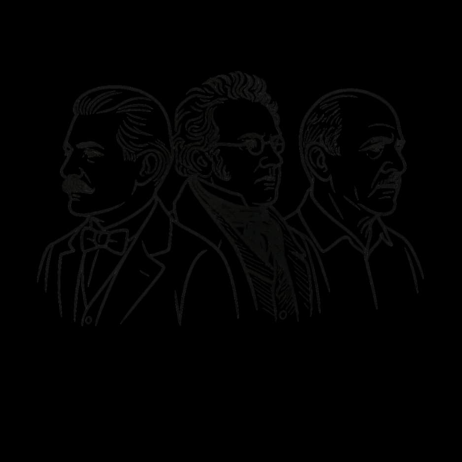 Drawn portraits of Lehár, Schubert and Piazzolla