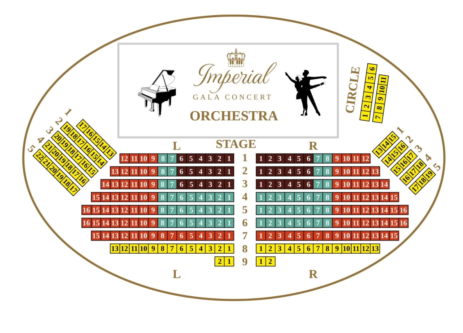 Oval seating plan of the orchestra hall with numbered rows left and right of the stage and circle seats